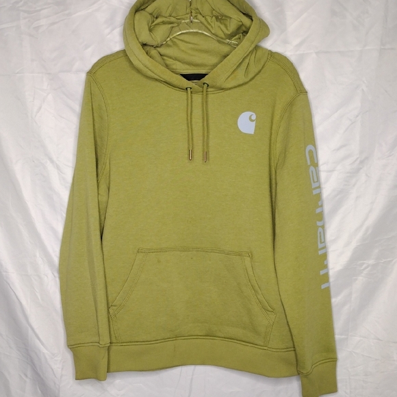 Carhartt Relaxed Fit Midweight Logo Sleeve Fleece Hoodie Olive Green Womens XL - Picture 1 of 6
